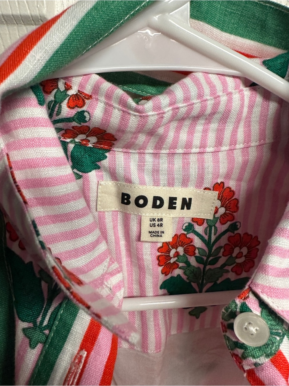 Boden 💚🩷 Pink Striped Shirt Dress with Red Floral and Green Trim EUC - Picture 2 of 3